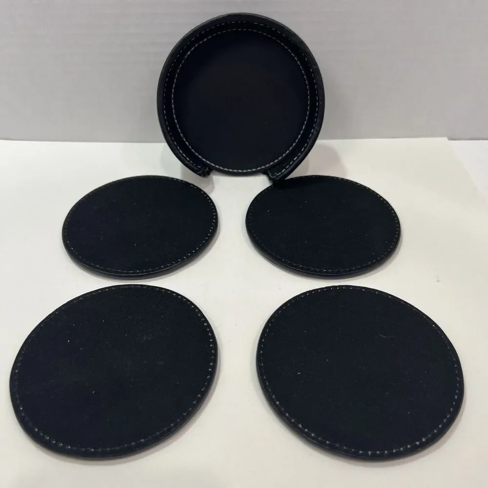 Bonded Black Leather 4 Coaster Set With Holder Embossed HisCall White Stitching